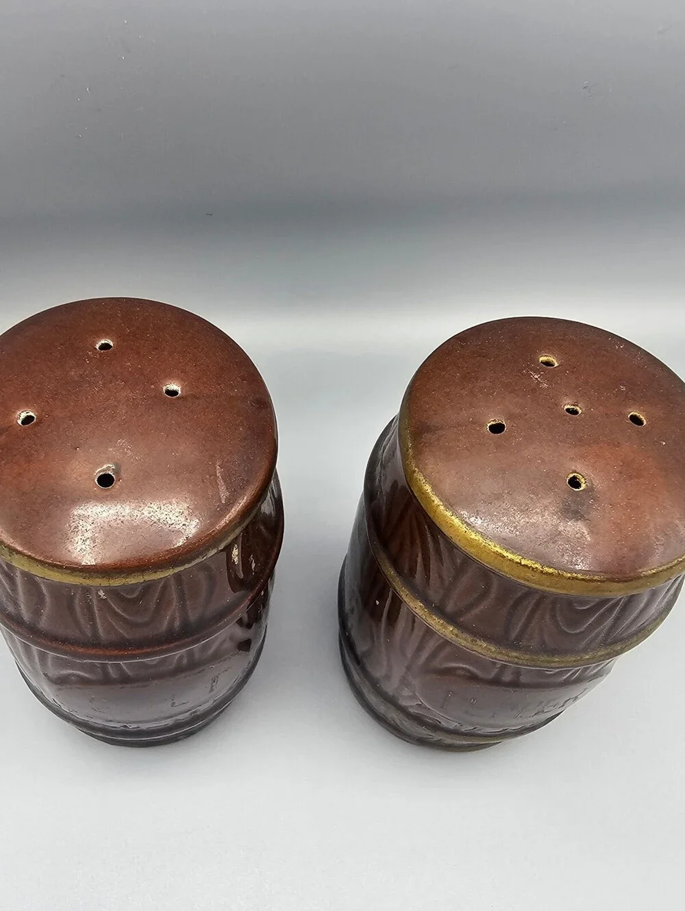 Vintage Ceramic Salt and Pepper Shakers Brown Barrel Design